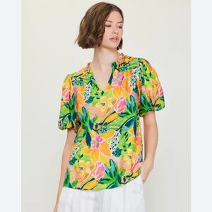 SKIES ARE BLUE Curvy Fiona Puff Sleeve Tropical Hawaiian Floral Shift Blouse 2X